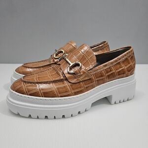 AGL Orietta Bit Loafer Womens EU 37 Caramel Leather Croc Embossed Platform NEW